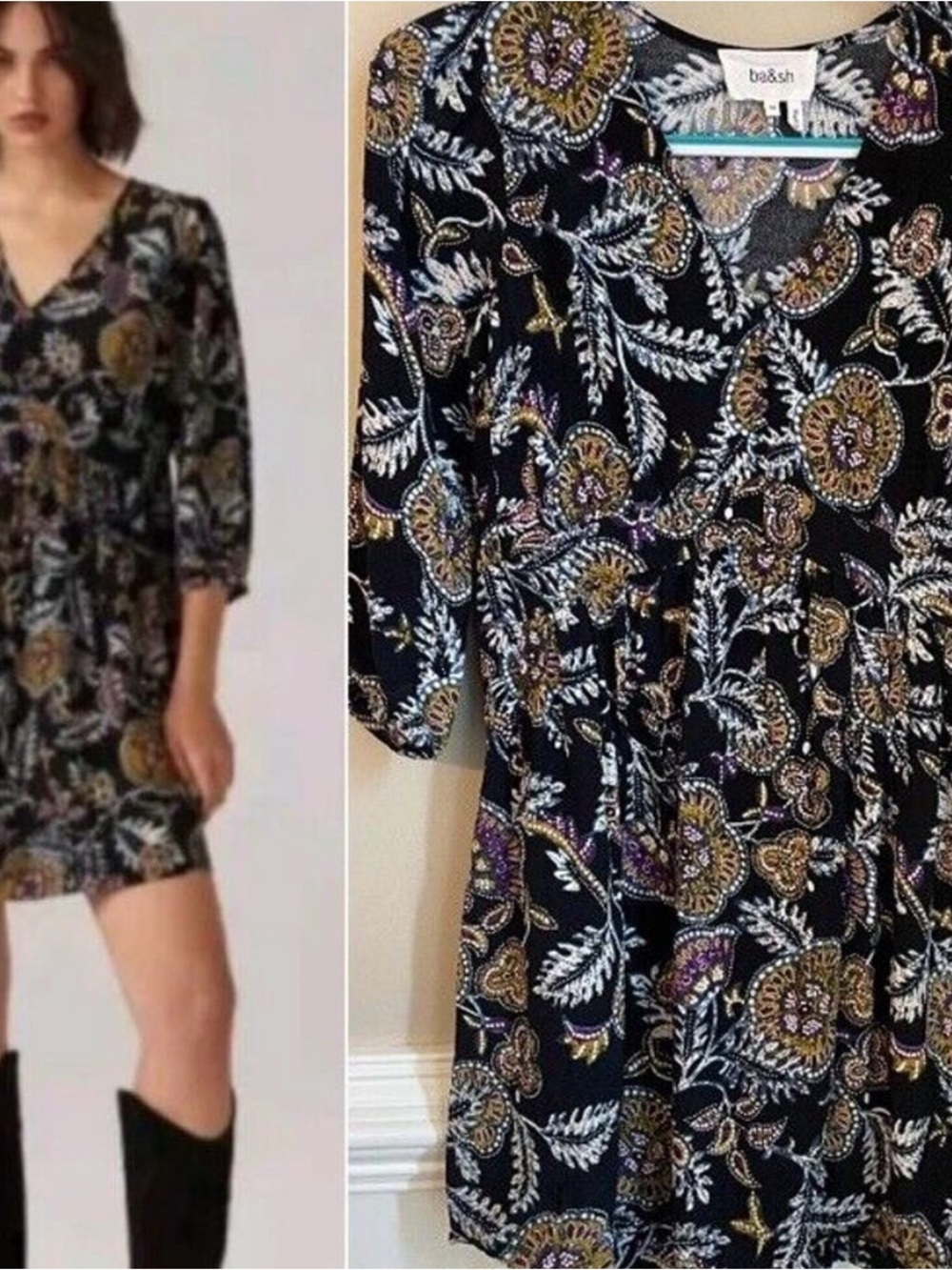 Ba&Sh Volver Black Floral V-Neck Crepe Mini Dress Size XS (US 2)